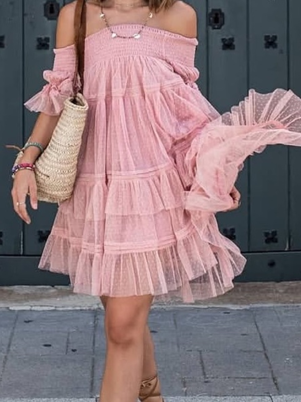 Pink Tiered Off-Shoulder Ruffle Dress